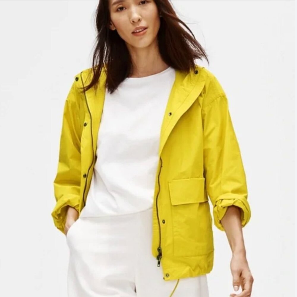 EILEEN FISHER Pocketed Hooded Drawstring Hem Zip Up Jacket